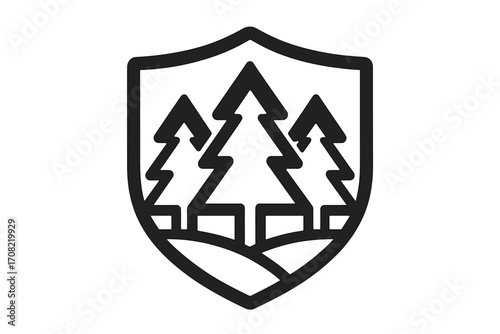 Forest and shield logo. Minimalist pine tree icon for security and protection. Nature conservation emblem. Vector graphic for web, apps, and branding. Eco-friendly badge.