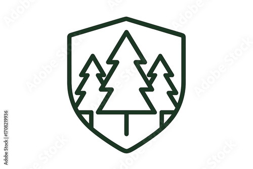 Shield with pine trees logo. Forest protection emblem. Nature conservation sign. National park security icon. Minimalist outdoor adventure & eco brand vector symbol.