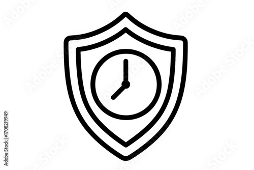 Time management icon. Shield with clock symbol for long-term protection, security, and safety. Deadline, efficiency, and guarantee concept. Save time metaphor. Vector logo.