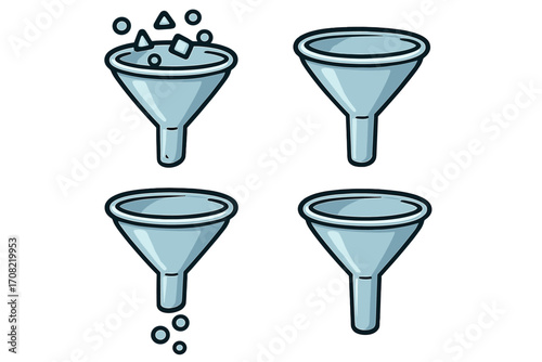 Sales funnel vector icon set for marketing. Lead generation process and conversion rate optimization. Business infographic element. Data filtering and analysis cartoon icons.