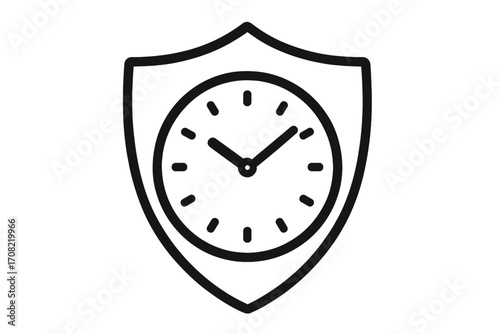 Time protection shield with clock icon. Concept of long-term guarantee, deadline security, and reliability. Time management, punctuality, and warranty vector logo.