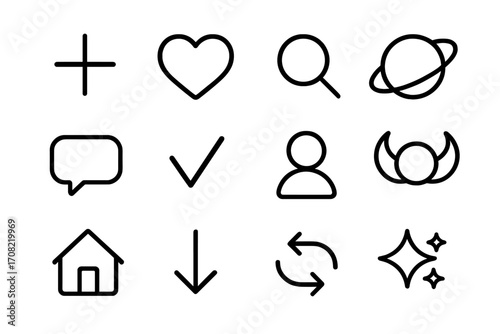 Social media UI line icon set. User interface outline signs for web design and apps. Vector graphic elements for UX kit: like, heart, home, search, profile, add, comment.