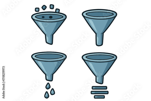 Sales funnel icon set for marketing and business. Vector illustration of conversion process, data filtering, lead generation, and customer journey. Infographic elements.