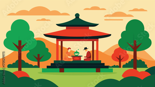 Serene japanese tea ceremony illustration in a traditional pagoda nature scene vector
