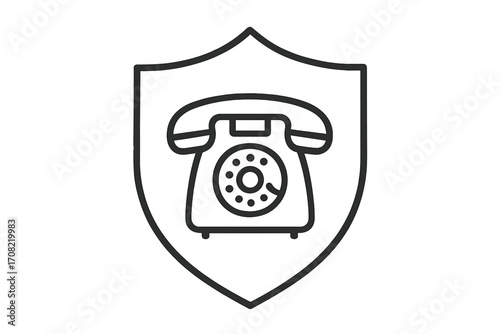 Secure communication concept with vintage rotary phone in a shield. Vector linear icon for web design. Pictogram for hotline, customer support, safety, and protection.