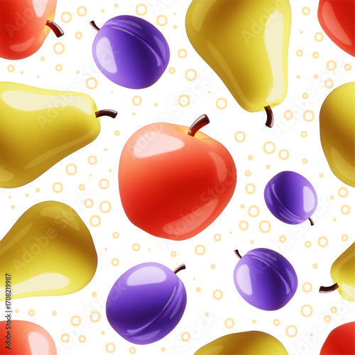 Cartoon 3d fruits seamless pattern. Volume vegetarian food, organic products, glossy juicy prune, apple and pear. Decor textile, wrapping paper, wallpaper. Print classy vector background