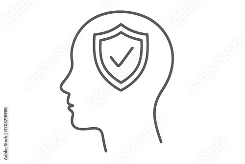 Mental health protection, psychological safety concept. Head with shield, secure mind symbol. Positive thinking, emotional wellbeing, resilience and self-care thin line icon.