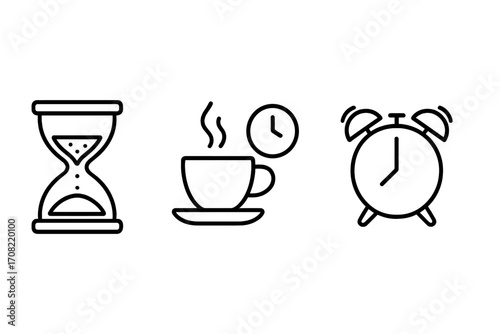 Time management icon set. Simple line art concept of deadline, urgency and break. Vector illustration with hourglass, coffee break and alarm clock for apps and web.