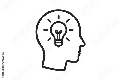 Idea, creativity, innovation icon. Lightbulb in head symbol. Inspiration, brainstorming, thinking process concept. Creative solution, intelligence, knowledge metaphor. Mind, brain, learning vector.