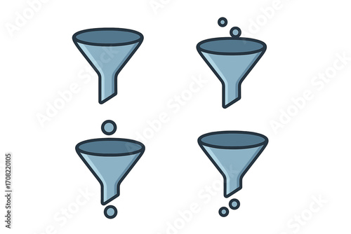 Sales funnel marketing conversion icon set. Vector cartoon illustration of data filtering, lead generation process. Business pipeline optimization and lead nurturing concept.