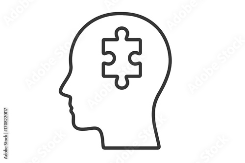 Puzzle piece in head silhouette icon. Metaphor for mental health, psychology, autism, and neurological disorders. Concept of logic, problem solving, ideas, and thoughts.
