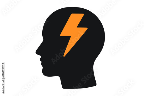 Concept of brainstorming, idea, inspiration, creativity, energy, power. Vector icon of human head with lightning. Metaphor for headache, migraine, stress, anxiety, pain.