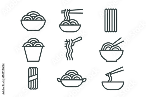 Noodle icon set. Ramen, pasta, spaghetti linear pictograms. Asian food outline symbols. Bowl with chopsticks, wok, fast food delivery for restaurant menu, web, apps.