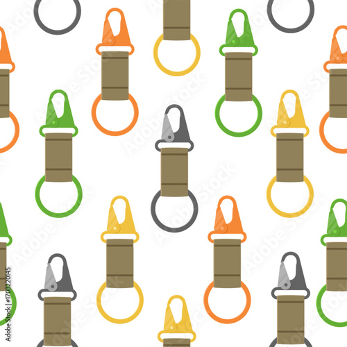 Carabiners seamless pattern. Climbing sport accessories, color guy ropes, safety tools, mountaineering sport. Textile, wrapping paper, wallpaper. Print for fabric qualitative vector background