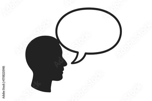 Human head silhouette with speech bubble. Concept of communication, talking, expressing thoughts or ideas. Man profile icon for voice, message, opinion, dialogue. Vector.