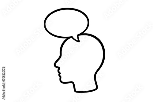 Head silhouette with speech bubble. Concept of inner voice, thinking, communication. Metaphor for ideas, opinion, thoughts. Psychology, mental health, dialogue, message vector.