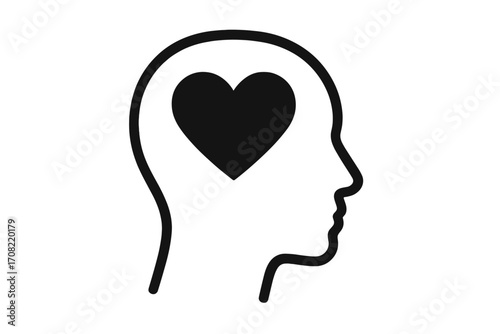Heart in head vector icon. Concept of love, feeling, emotion, and mental health. Human profile outline symbol for psychology, compassion, empathy, positive thinking, wellness.