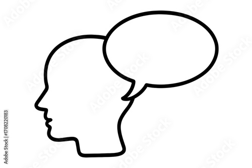 Human head profile with speech bubble. Concept of inner voice, opinion, thought process, and communication. Psychology, mind, and mental health vector icon illustration.