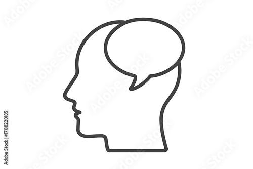 Human head with speech bubble inside. Concept of inner voice, thoughts, opinion, and internal dialogue. Psychology and mental health metaphor. Self-talk, thinking, idea icon.