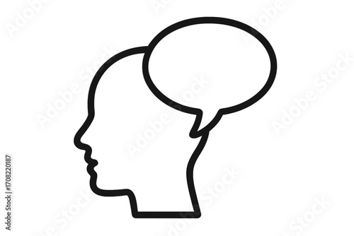 Human head profile with speech bubble. Concept of inner voice, thoughts, and communication. Mental health and psychology icon. Man silhouette talking, expressing opinion or idea.