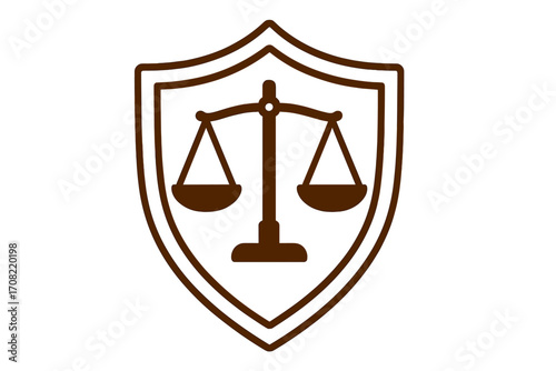 Shield with scales of justice vector icon. Symbol of law, court, and legal protection. Logo for lawyer, attorney, and judiciary services. Metaphor for fairness, rights, and judgment.