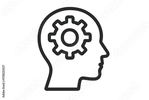 Conceptual human head with gear inside, thinking process, mental focus and idea generation symbol, cognition and brainpower illustration for graphic design, websites, cards, books, articles