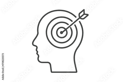 Minimalistic human head silhouette with target and arrow bullseye, focus and goal achievement concept, thin line vector illustration, mental clarity, precision and success symbol
