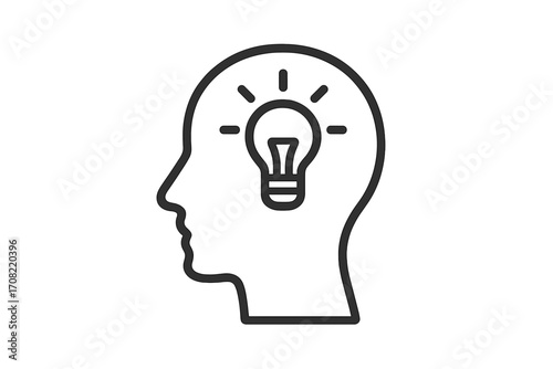 Minimalistic thin line icon of human head with light bulb idea symbol, creative thinking concept, innovation and inspiration, mental focus design for web, apps, banners, social media