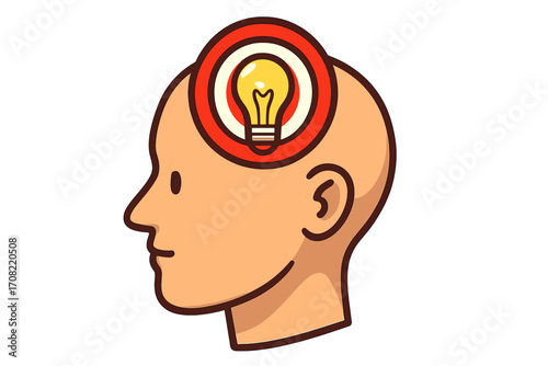 Concept of mental idea innovation with head silhouette and light bulb icon, creative thinking, brainpower and inspiration, simple linear vector illustration for web, app, and design