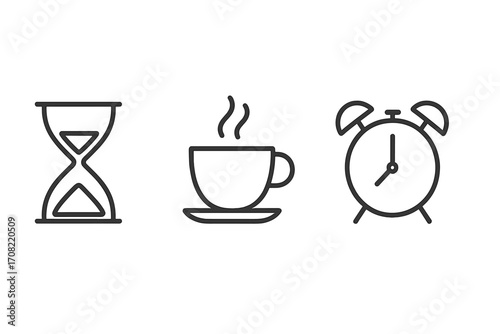 Simple linear time icons set with hourglass timer, steaming coffee cup for break time, classic alarm clock for schedule and reminders, minimal concept vector illustration