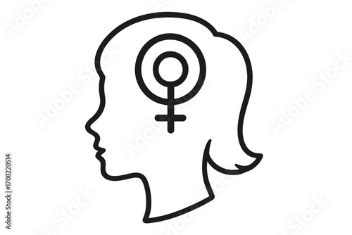Female silhouette profile with female gender symbol inside head, woman empowerment concept, feminist icon, mental strength, gender equality, strong female power illustration vector