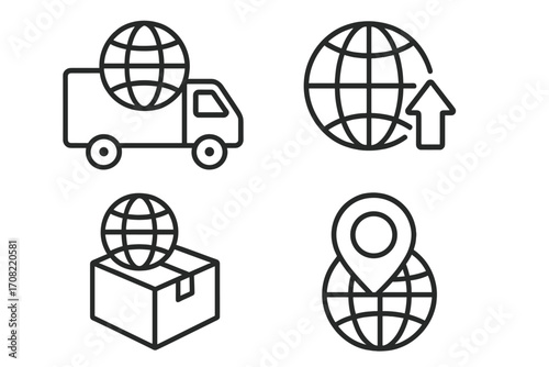 Global delivery icons set, outline style vector. International shipping truck, worldwide package parcel, global upload arrow, location pin on globe. Logistics, transportation, ecommerce, network.