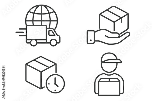 Global delivery concept outline vector illustration with truck, parcel in hand, clock and delivery man icons for graphic design, apps, adverts, cards