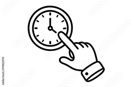 Hand pointing at clock outline vector, time management symbol, clickable clock icon graphic, business scheduling concept, digital interface illustration, transparent background design