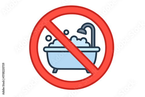 Prohibited bathtub no bathing sign vector icon, no shower or bath allowed symbol, bathroom restriction safety warning, vector cartoon illustration for websites apps infographics