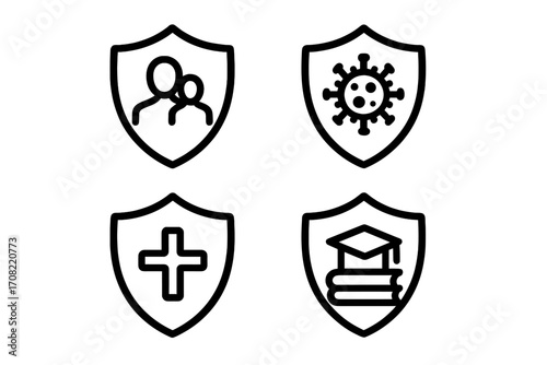 Insurance and protection symbol set with shield icons featuring family, virus, medical cross, business, education elements for graphic design, websites, cards, digital and print usage