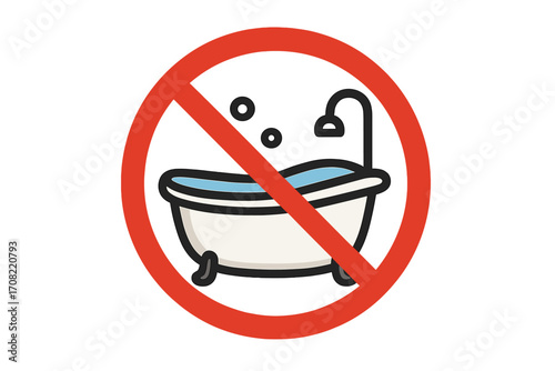 Prohibited bath icon, no bathtub sign, bathroom restriction symbol, water bath forbidden, hygiene warning, bathroom rule, red ban circle symbol, vector cartoon illustration