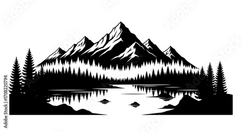 Black silhouette of mountains and pine trees reflected in lake  
