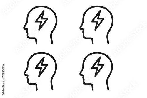 Human head silhouette with lightning bolt symbol inside, mental energy icon, brain power concept, creative idea and intellect symbol, vector line art graphic design for apps, adverts, books