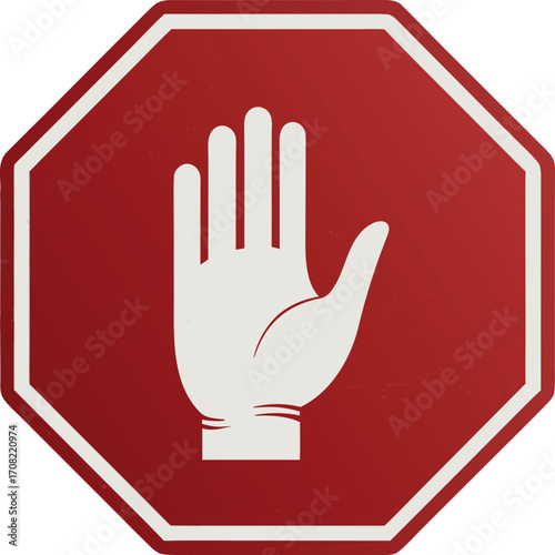 Red octagonal stop sign with raised hand symbol for halt and warning message