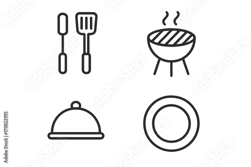 Line icon set of cooking tools and barbecue equipment, including utensils, grill, dish cover, and plate for culinary graphics, apps, food concepts, vector cartoon illustration transparent background
