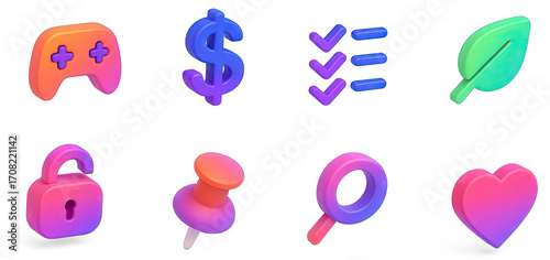 A colorful 3D rendering of a game controller, a dollar sign, a checklist, a leaf, a padlock, a pushpin, a magnifying glass, and a heart.