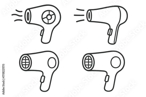 Line illustration of hair dryer set, vector cartoon icons for graphics, apps, transparent background, simple hair styling tool icons, ordered collection for beauty and salon design