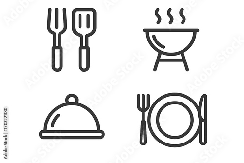 Cooking line icon set with utensils, barbecue grill, covered dish, plate and cutlery, kitchen tools, food preparation symbols, vector cartoon illustration for apps and graphics