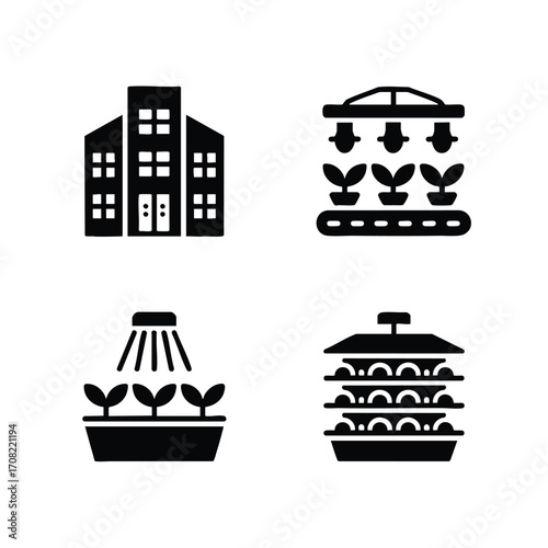 Indoor and vertical farming icon set, 4 icons building with plants, hydroponic system, LED grow light, stacked layers.