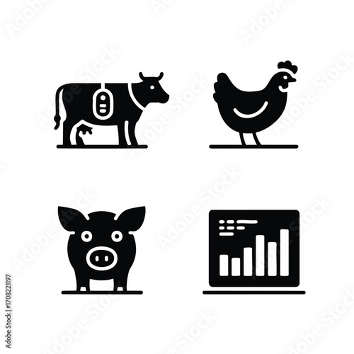 Livestock technology icon set, 4 icons cow with a smart tag, chicken, pig, data chart.