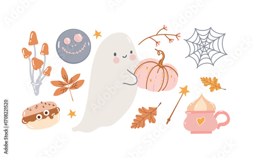 Set of cute childrens clipart on the theme of autumn and Halloween. Cute Ghost with a pumpkin and autumn attributes. Autumn leaves, mushrooms, Halloween sweets. Hand drawn vector illustrations in