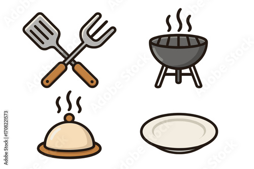 Minimalistic linear cooking illustrations with kitchen utensils, barbecue grill, steaming dish cover, empty plate, food preparation icons, vector cartoon set for apps and graphics