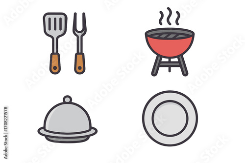 Minimalistic linear cooking illustrations set with utensils, barbecue grill, covered dish, and plate icons for food concepts, apps, graphics, and culinary vector cartoons