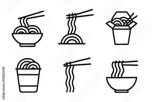 Noodle line icon set, minimalistic linear noodle bowl and chopsticks, Asian instant noodles, takeout container, ramen vector cartoon illustration for web, apps, banners, social media, cards